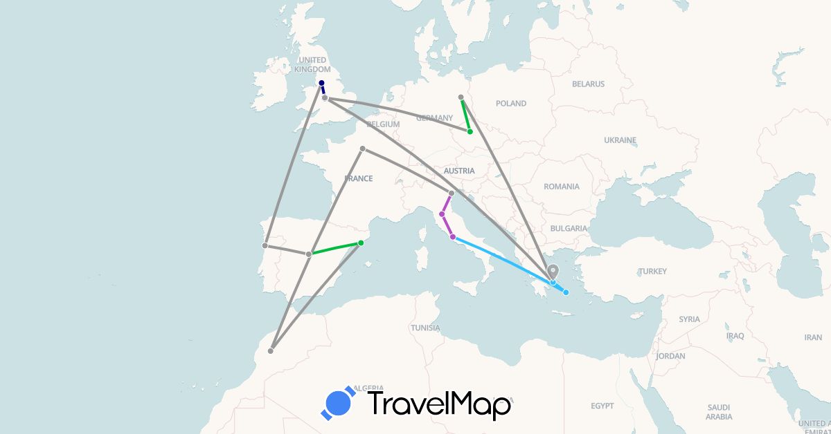 TravelMap itinerary: driving, bus, plane, train, boat in Czech Republic, Germany, Spain, France, United Kingdom, Greece, Italy, Morocco, Portugal (Africa, Europe)
